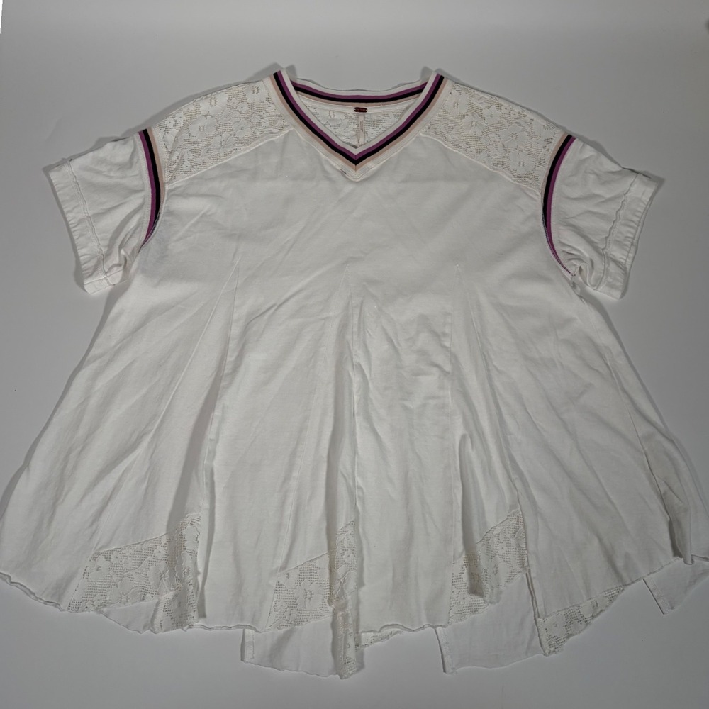 Free People White Lace Trim V-Neck Short Sleeve Babydoll Top Boho Coquette Small - Picture 2 of 11